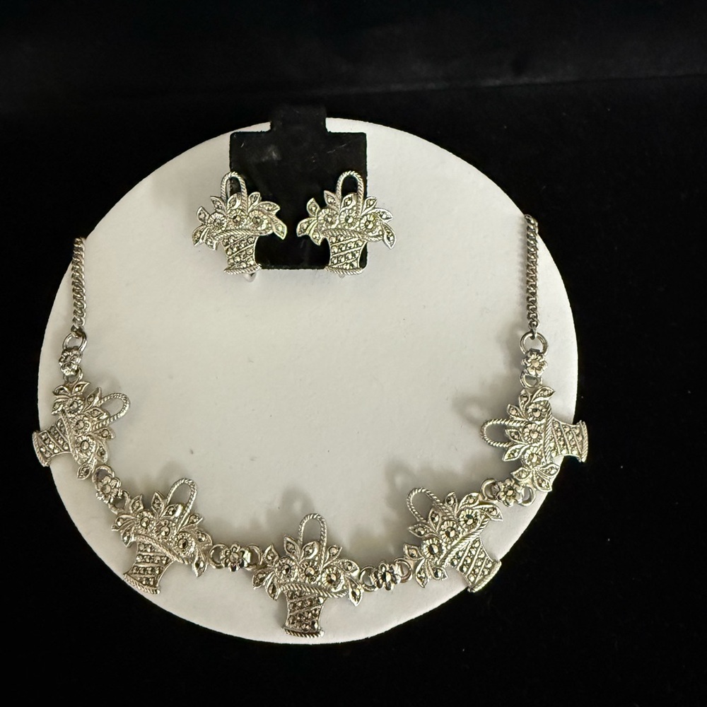 Elegant Estate Sterling Marcasite Flower Basket Parure